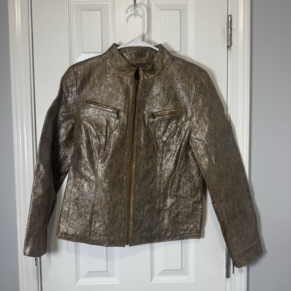 VS2 by VAKKO Snake Print Genuine Leather Zipper Jacket BROWN‎ GOLD Size 8